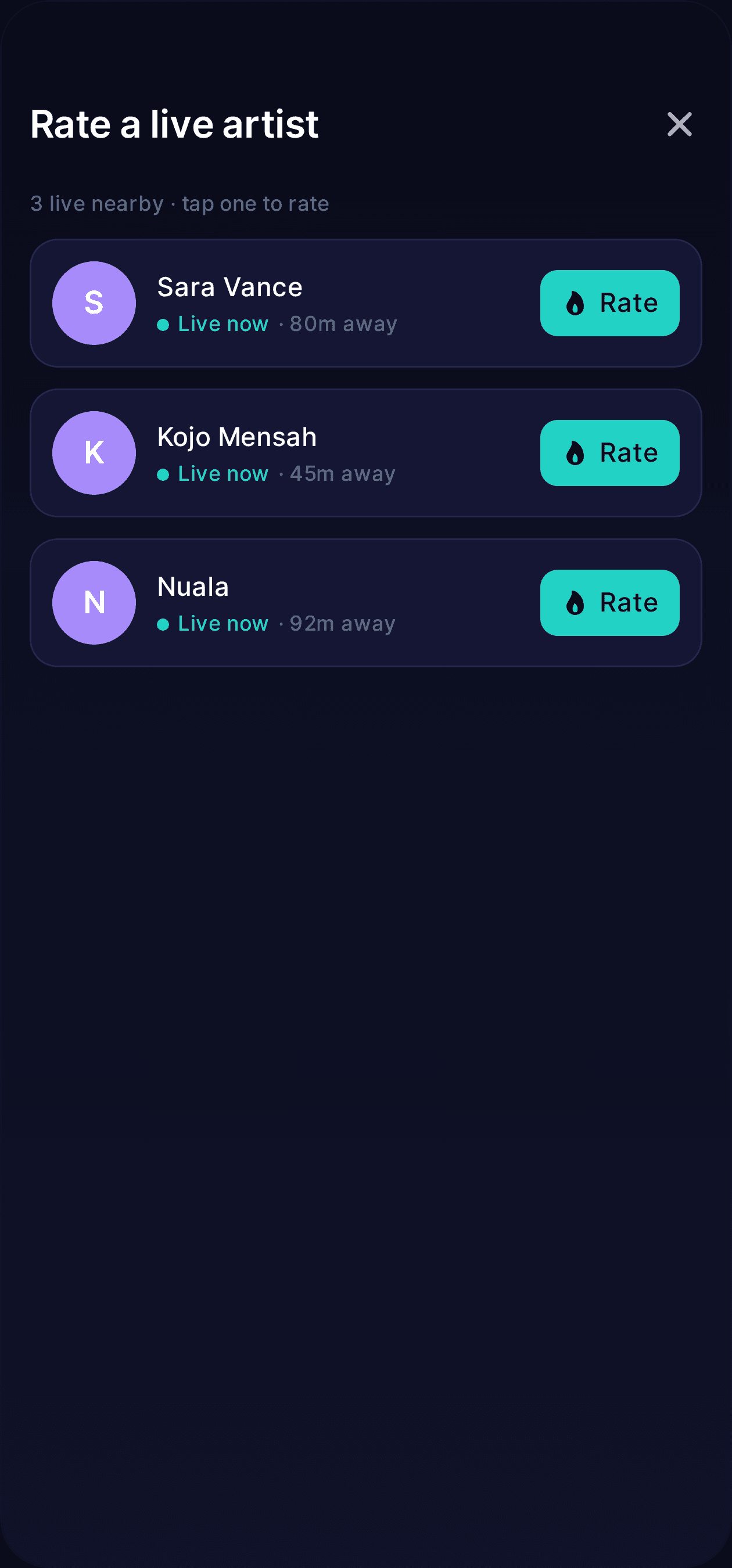 udig screen listing live artists nearby, each with a Rate button