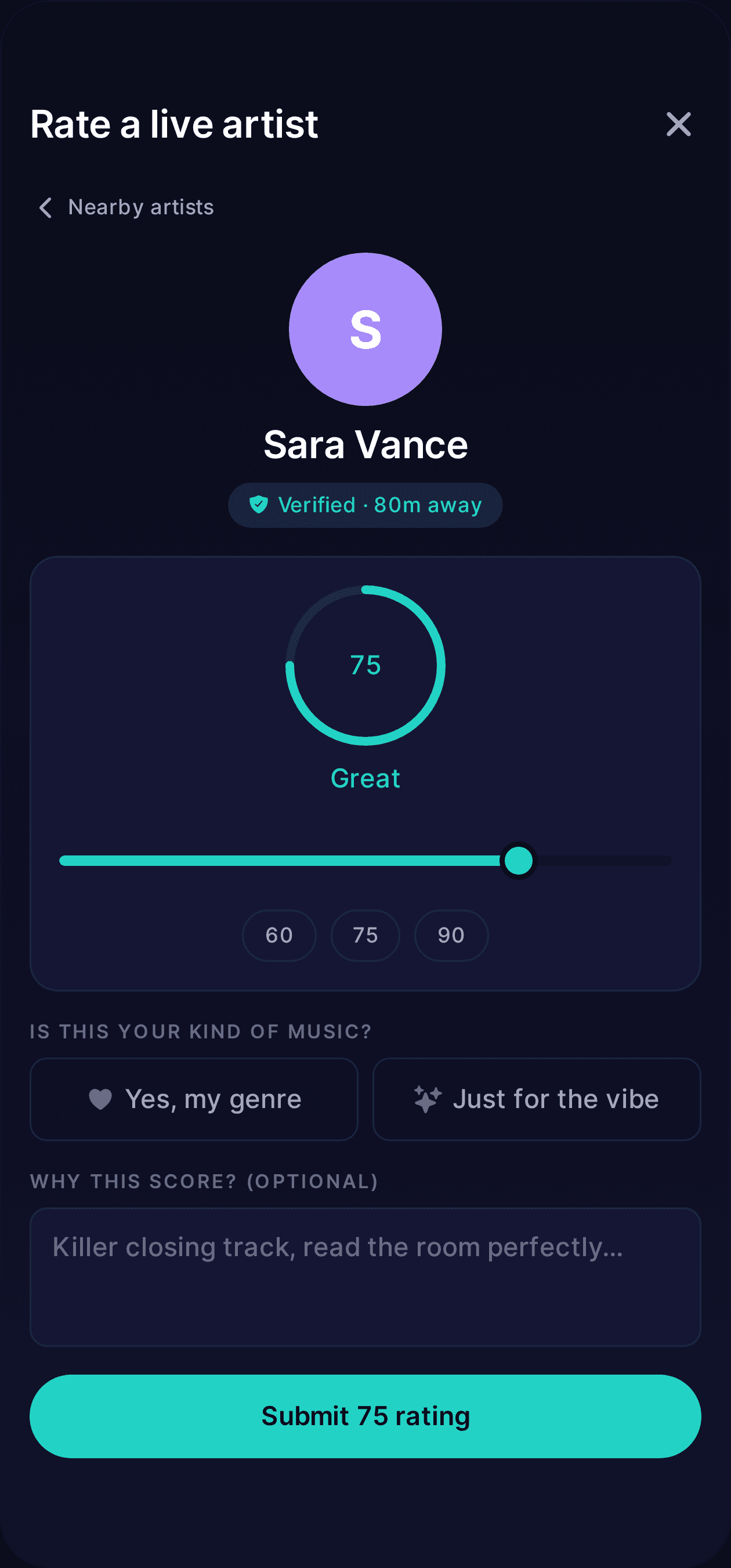 udig rating screen with a score dial at 75, genre toggle and an optional note